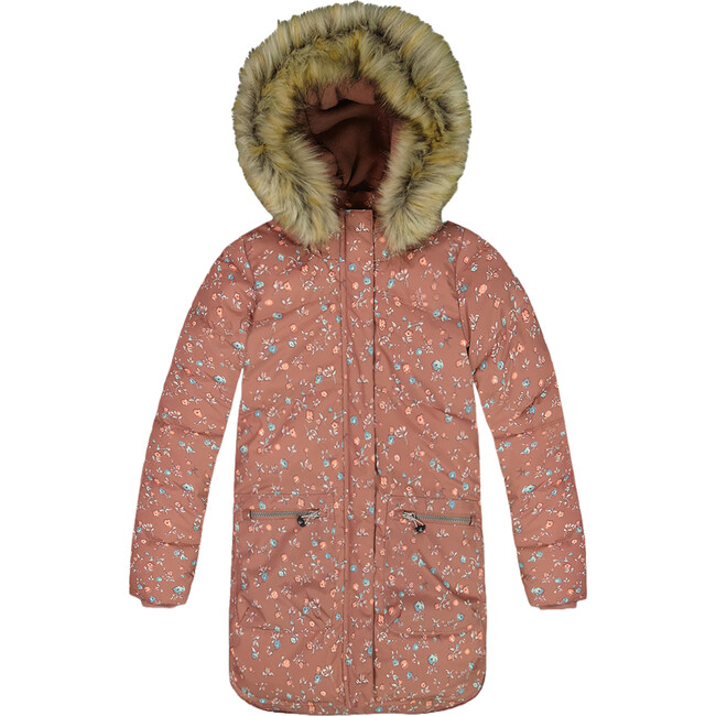 Puffy Long Coat, Dusty Pink With Small Flowers