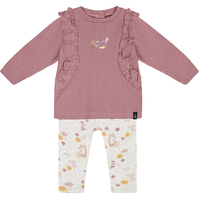 Pointelle Top & Fox Print Leggings Set, Woodrose & Beige Mix