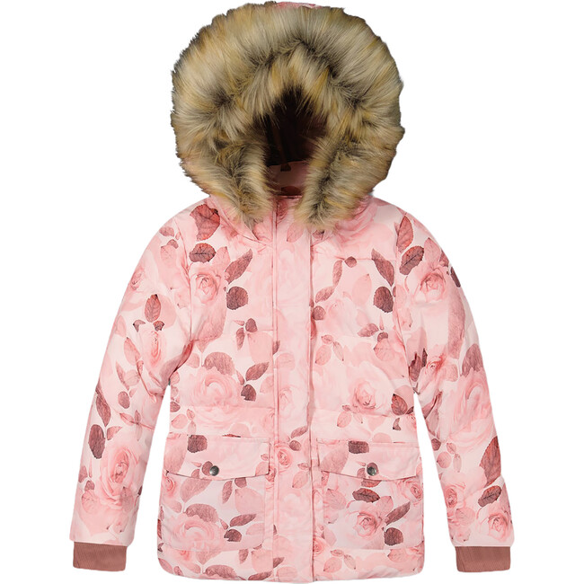 Print Faux Fur Hooded Puffy Jacket, Rose Petals