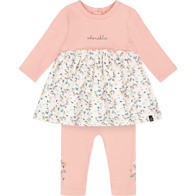 Organic Cotton Flowers Print Tunic & Leggings Set, Light Pink