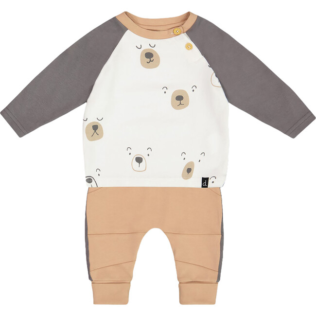 Organic Cotton Bear Face Print Top & Pant Set, Nougat