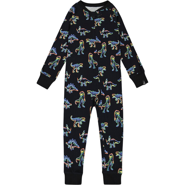 Neon Dino Print Organic Cotton One-Piece Pajama, Black