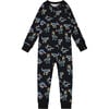 Neon Dino Print Organic Cotton One-Piece Pajama, Black - Pajamas - 1 - thumbnail