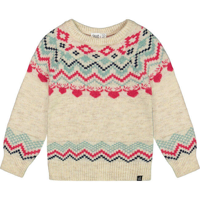 Norwegian Jacquard Long Raglan Sleeve Sweater, Beige Mix