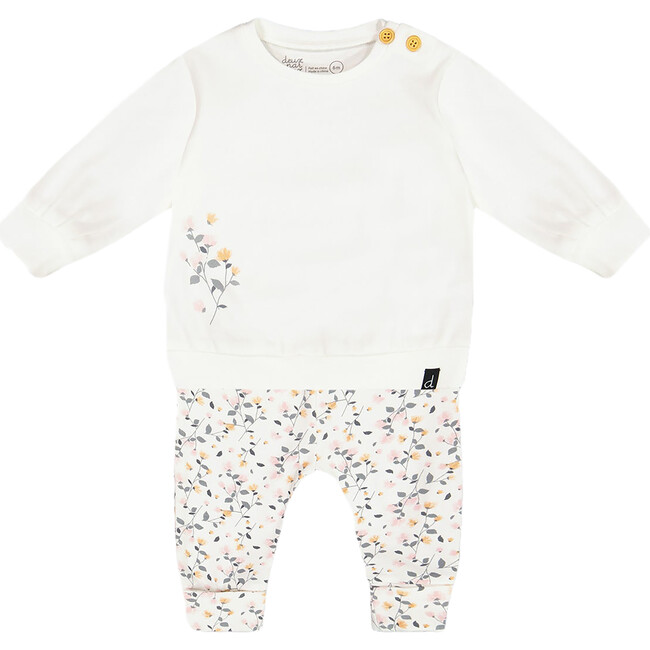 Organic Cotton Top & Flowers Print Pants Set, Cream