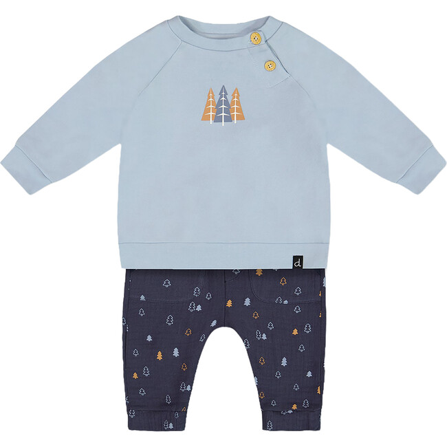 Organic Cotton Top & Pine Print Muslin Pant Set, Light Blue