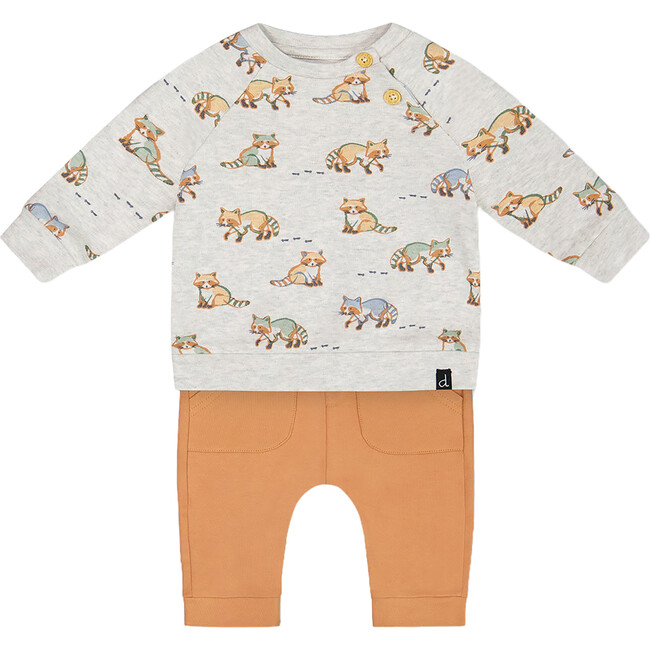 Organic Cotton Raccon Print Top & Pant Set, Beige Mix & Hazel