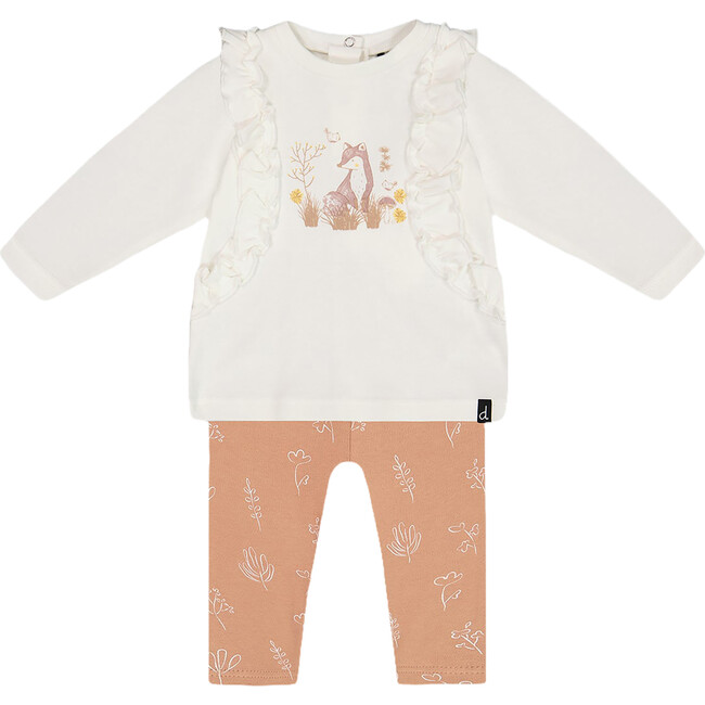 Organic Cotton Top & Flowers Print Leggings Set, White & Cinnamon