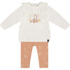 Organic Cotton Top & Flowers Print Leggings Set, White & Cinnamon - Mixed Apparel Set - 1 - thumbnail