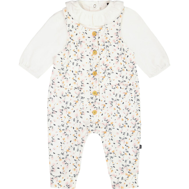 Organic Cotton Onesie & Flowers Print Overall Set, Cream