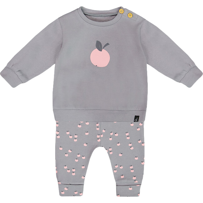 Organic Cotton Long Sleeve Top & Apples Print Pants Set, Gray