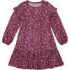 Little Flowers Print Long Sleeve Frilled Hem Dress, Burgundy - Dresses - 1 - thumbnail