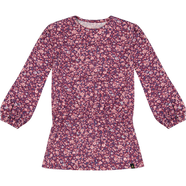 Little Flowers Print Long Sleeve Elastic Waist Tunic, Burgundy