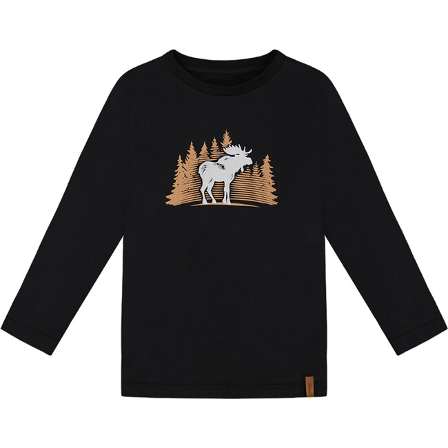 Graphic Moose Print Long Sleeve T-Shirt, Black