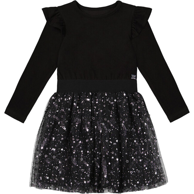 Long Sleeve Dress With Glittering Tulle Skirt, Black