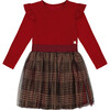 Long Sleeve Dress With Glittering Tulle Skirt, Red Plaid - Dresses - 1 - thumbnail