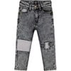 French Terry Pants With Contrasting Patch, Black Denim - Jeans - 1 - thumbnail