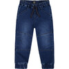 French Terry Jogger Pants, Dark Blue Denim - Jeans - 1 - thumbnail