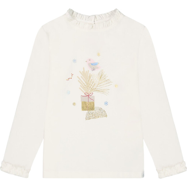 Frill Neck Print Long Sleeve T-Shirt, Off-White