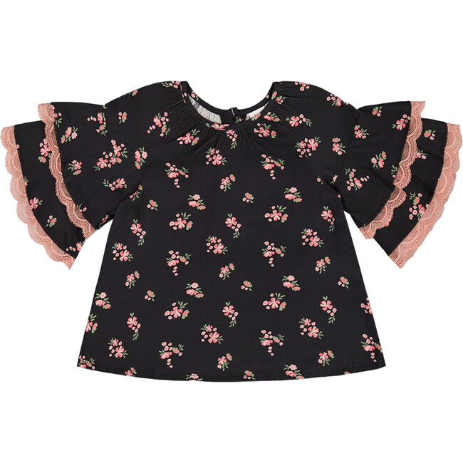 Flowers Print Viscose Tiered Elbow Bell Sleeve Blouse, Black