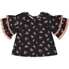 Flowers Print Viscose Tiered Elbow Bell Sleeve Blouse, Black - Blouses - 1 - thumbnail