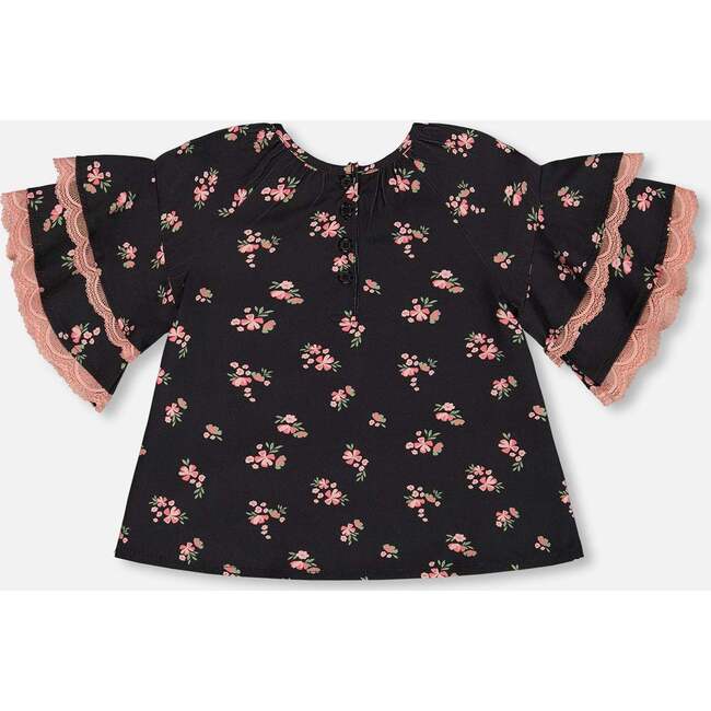 Flowers Print Viscose Tiered Elbow Bell Sleeve Blouse, Black - Blouses - 3