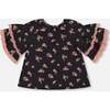 Flowers Print Viscose Tiered Elbow Bell Sleeve Blouse, Black - Blouses - 3