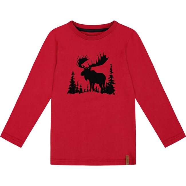 Graphic Moose Print Long Sleeve T-Shirt, Red