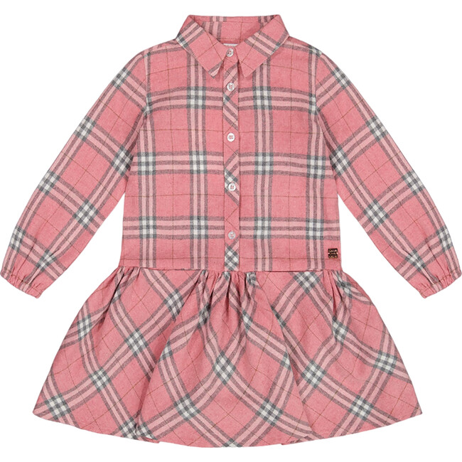 Flannel Shirt Dress With Frill, Pink Plaid