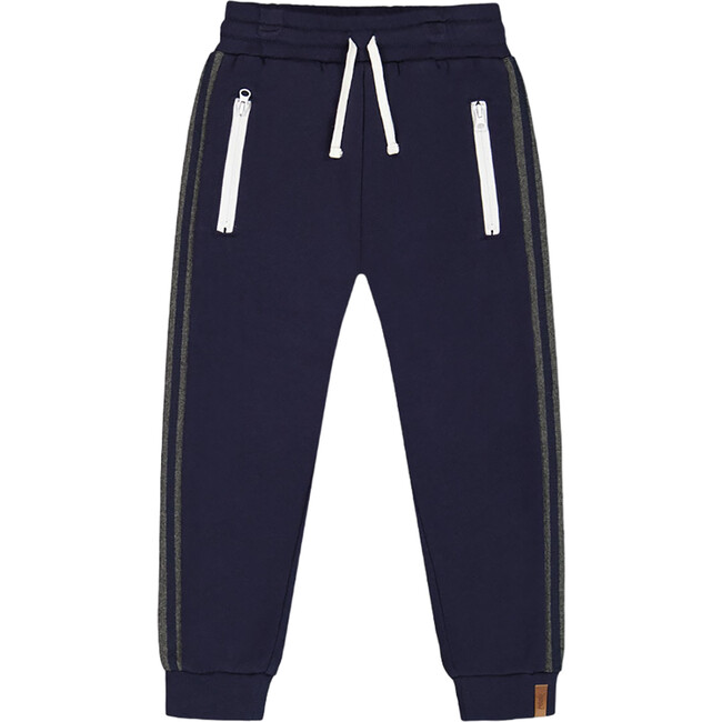 Fleece Sweatpants With Contrast Side Rib, Navy