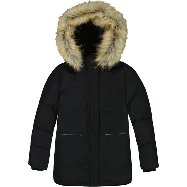 Faux Fur Hooded Puffy Long Coat, Black