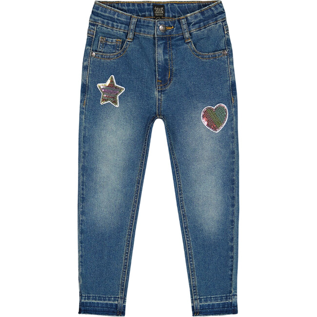 Embroidery Sequin Heart & Star Patch Jeans, Blue Denim