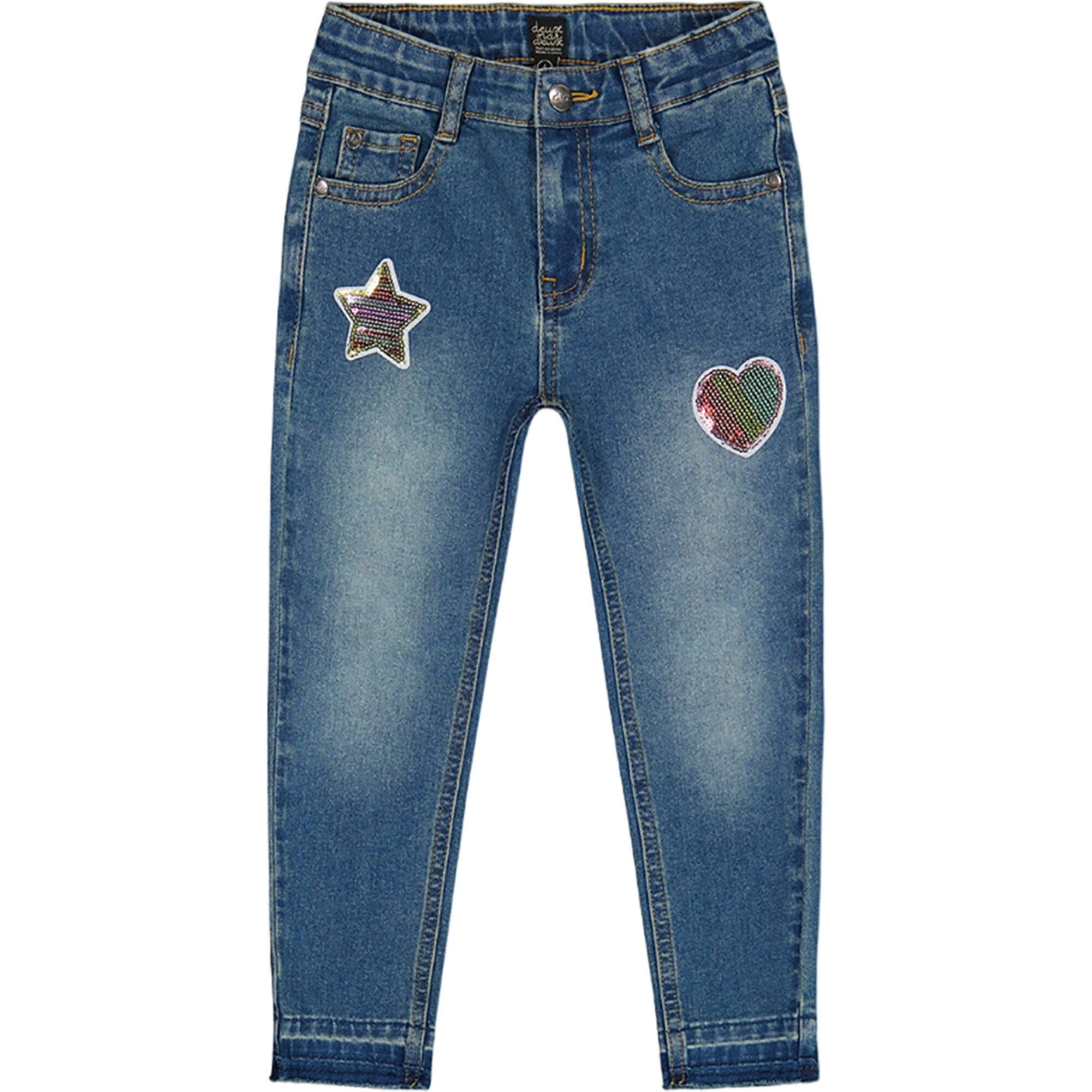 Embroidery Sequin Heart & Star Patch Jeans, Blue Denim