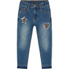 Embroidery Sequin Heart & Star Patch Jeans, Blue Denim - Jeans - 1 - thumbnail