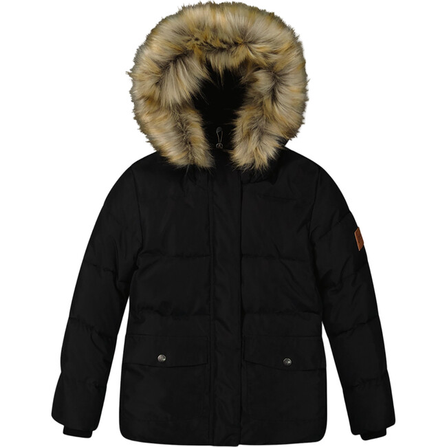 Faux Fur Hooded Puffy Jacket, Black