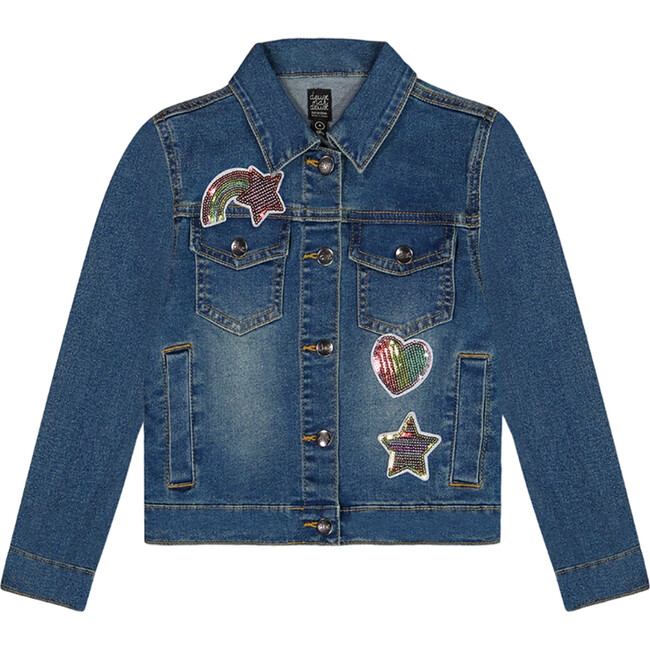 Embroidered Sequin Stars & Heart Patch Jacket, Blue Denim
