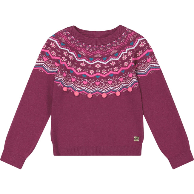 Fairisle 3D Pompom Long Raglan Sleeve Sweater, Burgundy