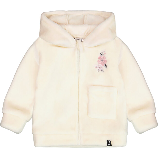 Floral Embroidered Plush Hooded Zip Jacket, Off-White