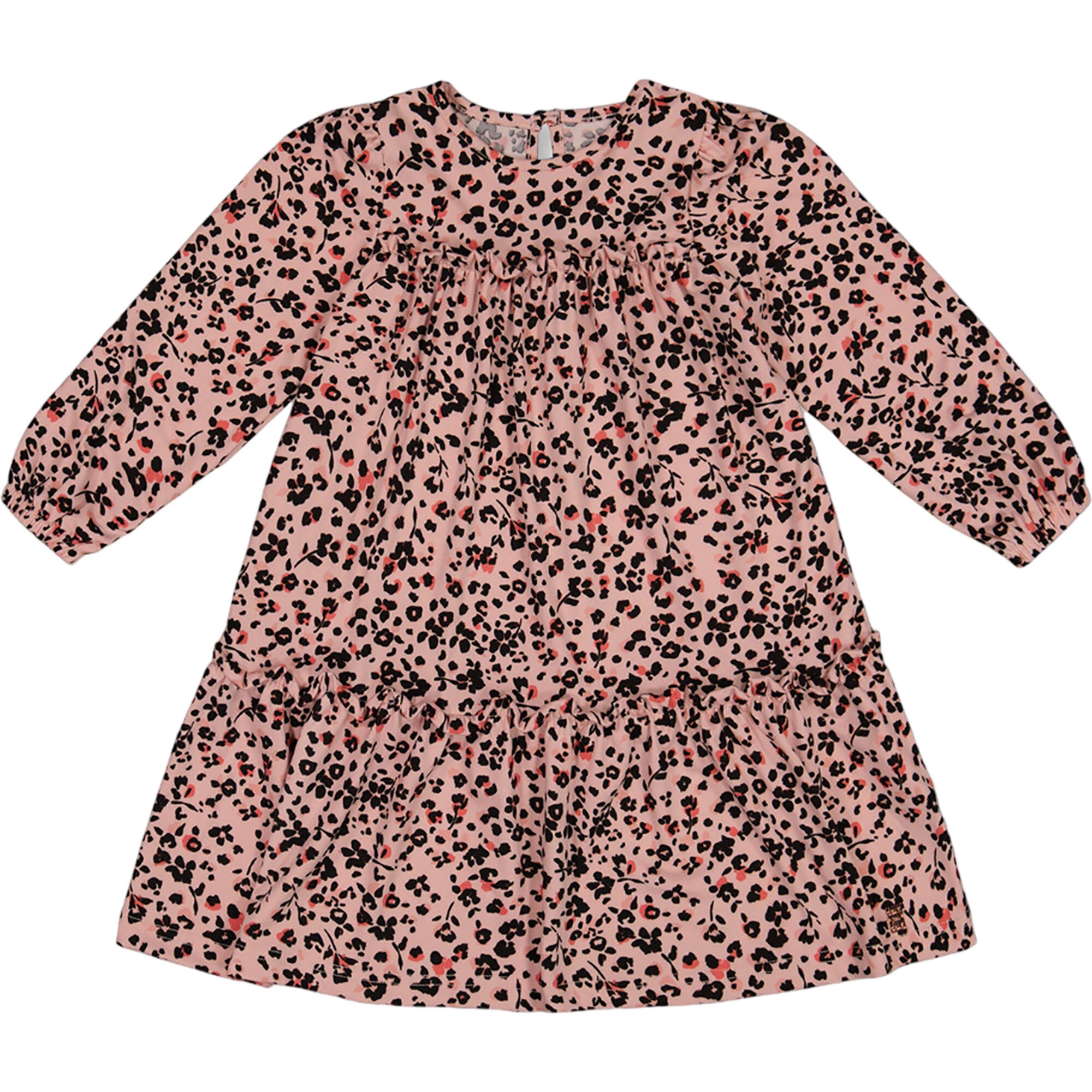 Flowers Print Long Sleeve Tiered Fril Dress, Pink & Leopard - Dresses - 1