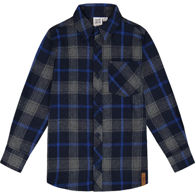 Button Down Flannel Shirt With Pocket, Plaid Navy & Gray