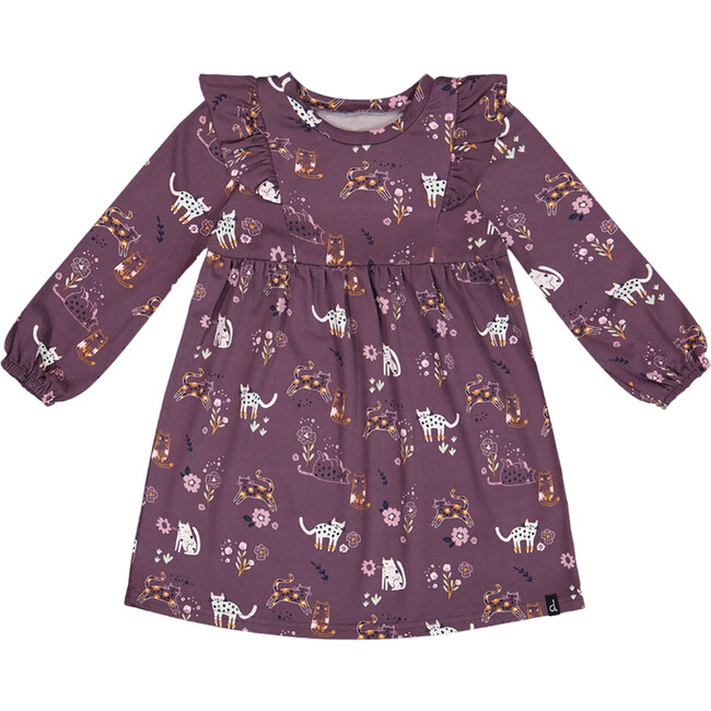 Cats Print Long Cuff Sleeve Frill Dress, Mauve