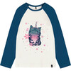 Cat Print Contrast Raglan Sleeve Baseball Top, Blue - T-Shirts - 1 - thumbnail