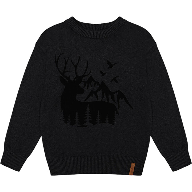 Deer Flocking Knit Ribbed Cuffed Sleeve Sweater, Dark Gray