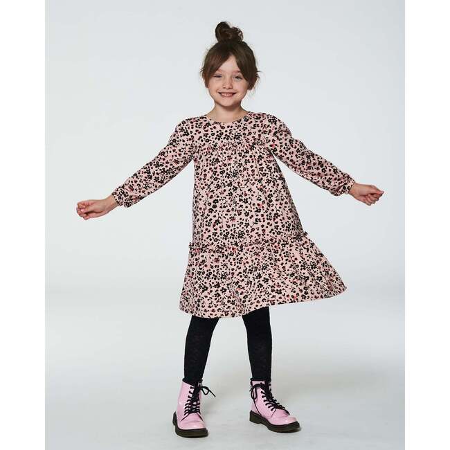 Flowers Print Long Sleeve Tiered Fril Dress, Pink & Leopard - Dresses - 2