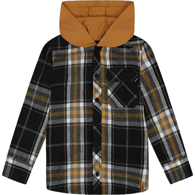 Button Down Flannel Shirt With Hood, Plaid Black & Caramel