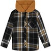 Button Down Flannel Shirt With Hood, Plaid Black & Caramel - Shirts - 1 - thumbnail