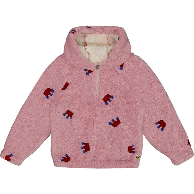 Crown Pattern Raglan Sleeve Half-Zip Plush Hoodie, Mauve