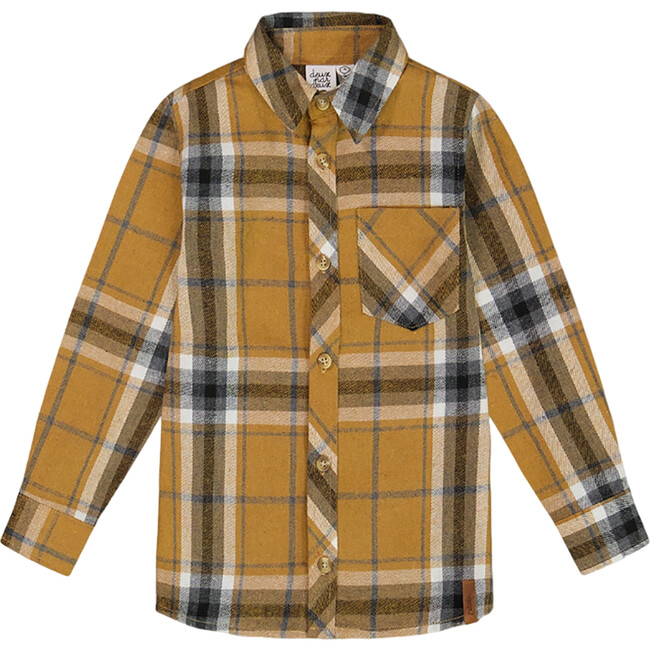 Button Down Flannel Shirt With Pocket, Plaid Golden Yellow & Gray