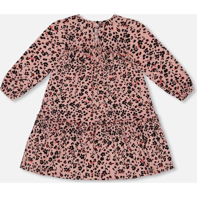 Flowers Print Long Sleeve Tiered Fril Dress, Pink & Leopard - Dresses - 3