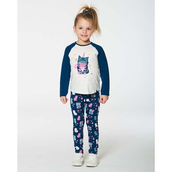 Cat Print Contrast Raglan Sleeve Baseball Top, Blue - T-Shirts - 2